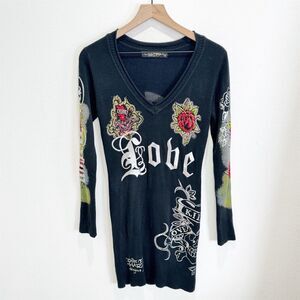 Ed Hardy Christian Audigier Dress Womens Small Black Rose Skull Graphic Y2K 90s